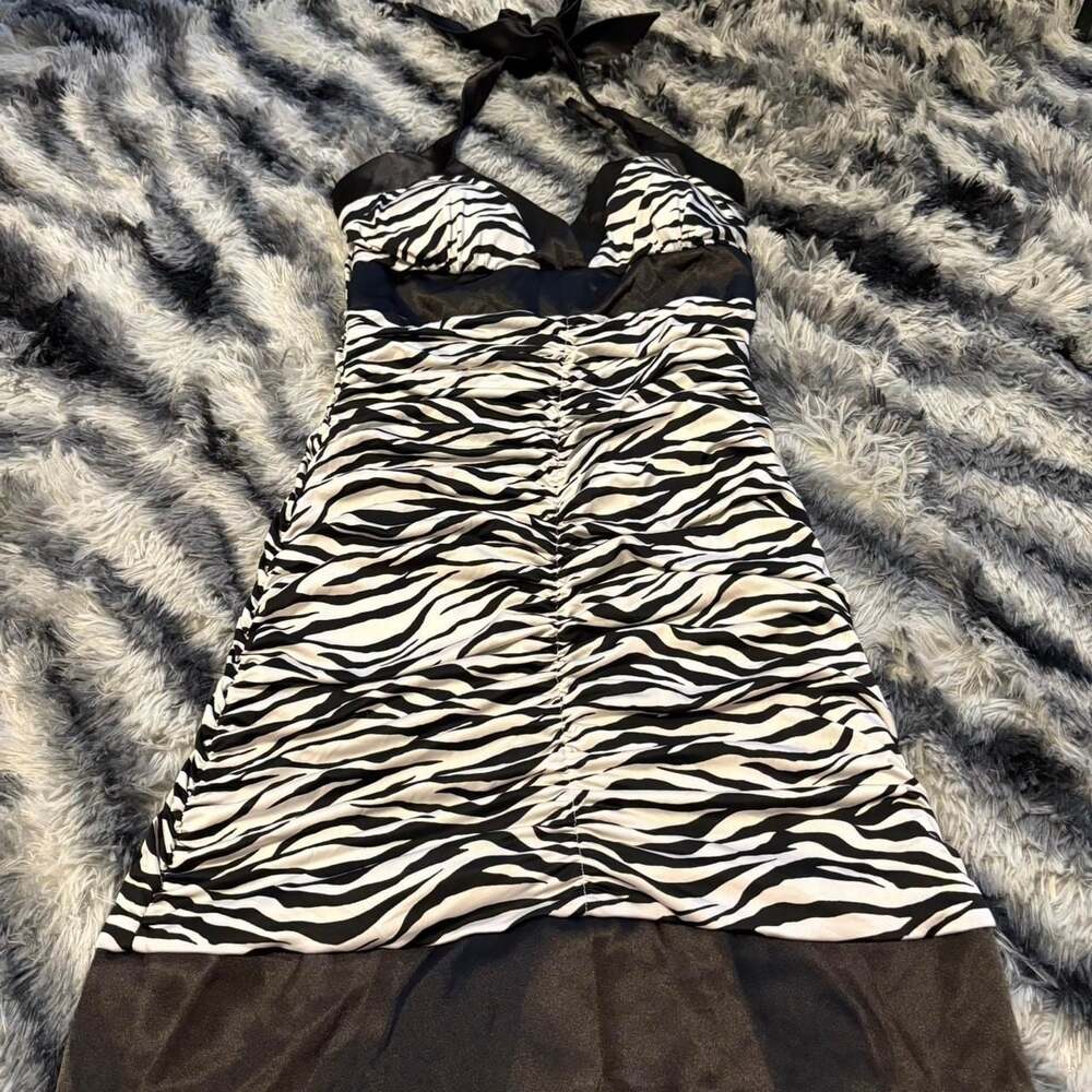 Vintage Papaya Y2K Zebra Print Ruched Halter Dress - Scene McBling Style Medium